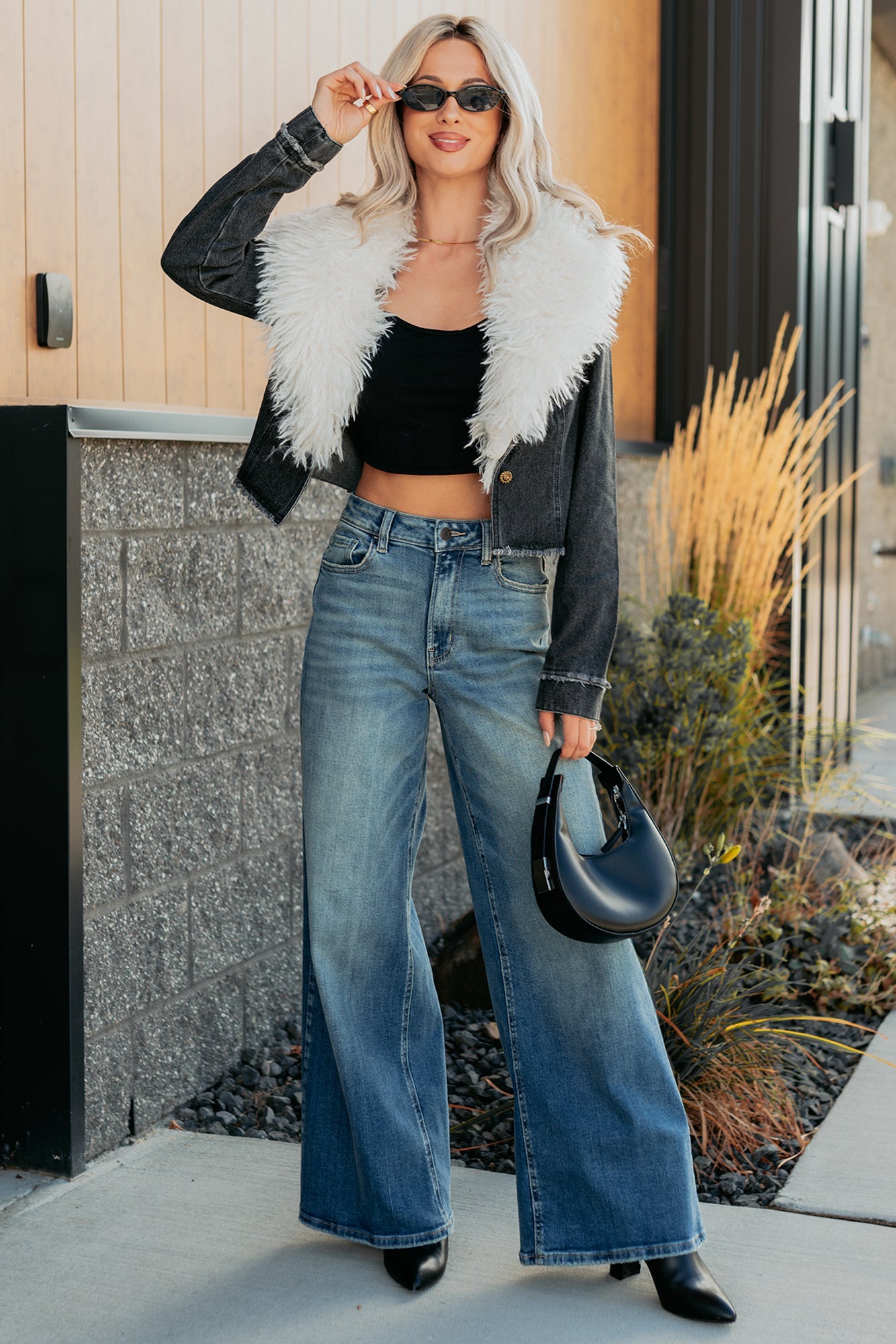 Unapologetic Glow Denim Fur Collar Jacket (Black)