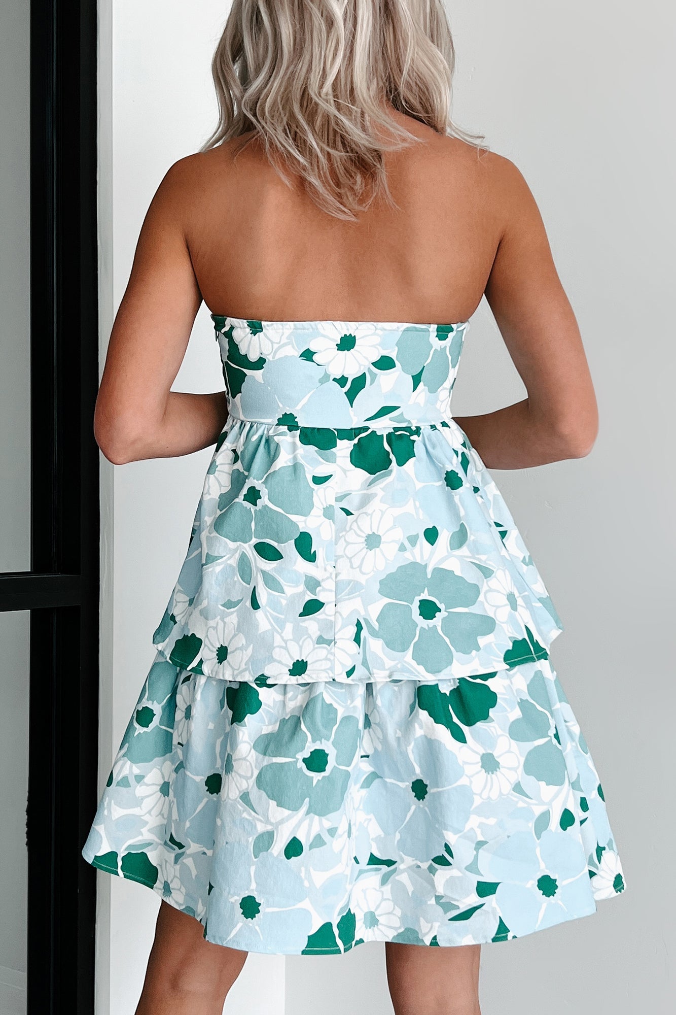 Somewhere Sunny Tiered Floral Denim Dress (Green Multi)