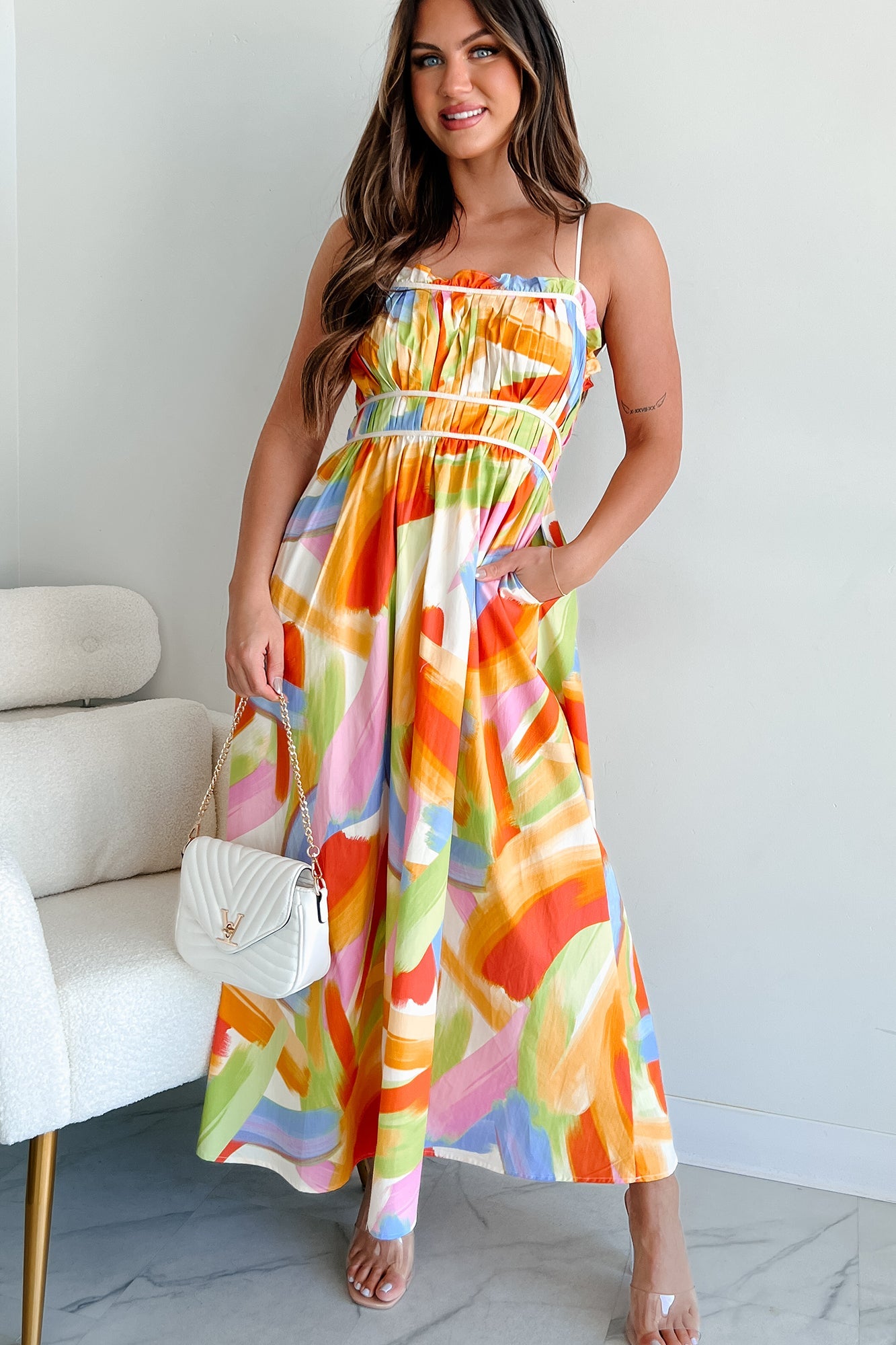 Passionate Response Printed Maxi Dress (White/Blue/Yellow)