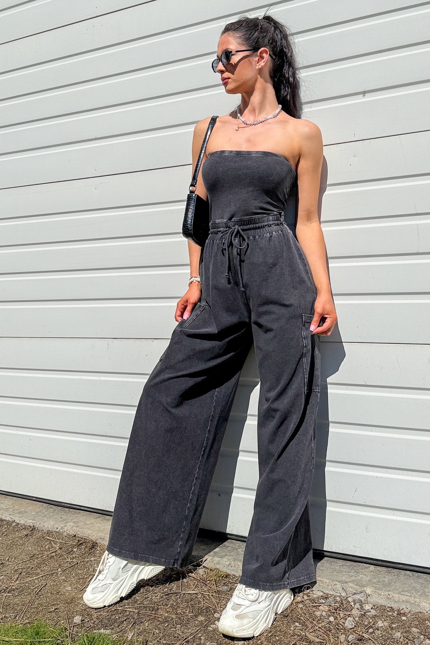 Weekend Uniform Strapless Mineral Wash Jumpsuit (Black)
